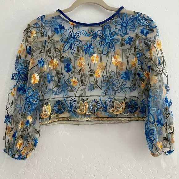 Tops - Embroidered Floral Sheer Crop Top